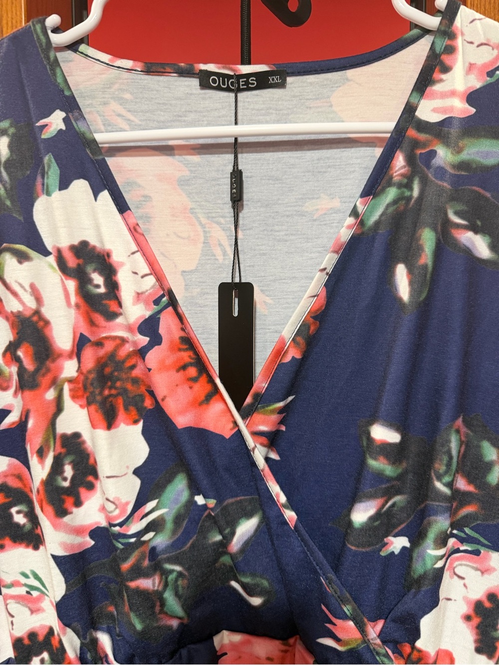 OUGES Floral V Neck Dress Navy Blue Pink Coral Short Sleeve NWT XXL - Picture 7 of 11